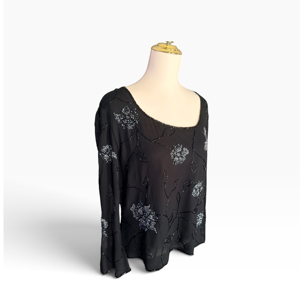 Vintage Y2K JMD New York Black Silver Beaded Floral Bell Sleeve Sheer Top 1X